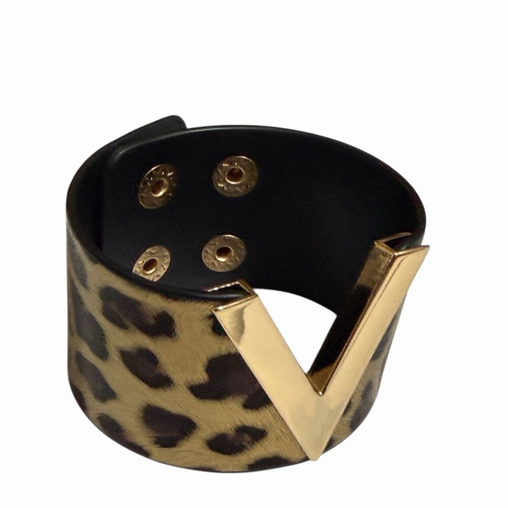 Leopard Print Wrap Cuff Bracelet Multicolor Gold Tone Chevron Snap Closure - Picture 4 of 8